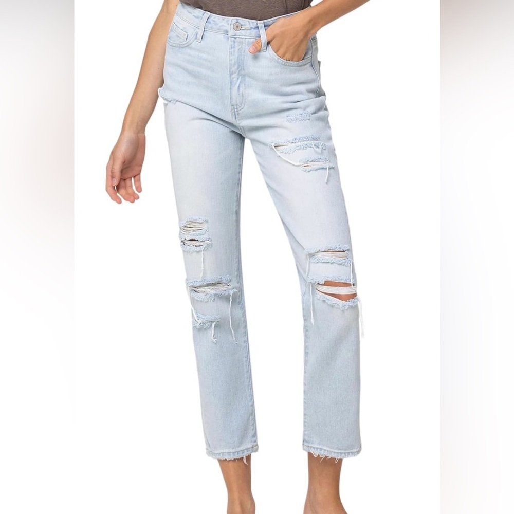VERVET, Super High Rise Distressed Crop Straight Jeans, Light Blue
